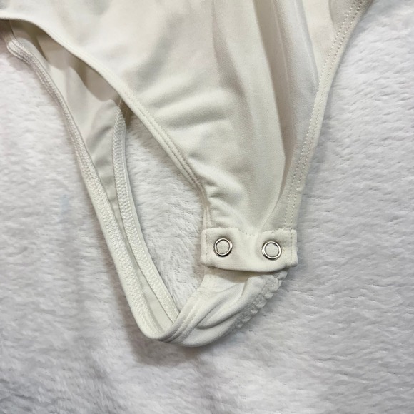 Express L Ivory Tie Front Bodysuit Balloon Sleeve Smocked Romantic Satin Y2K - Picture 7 of 13